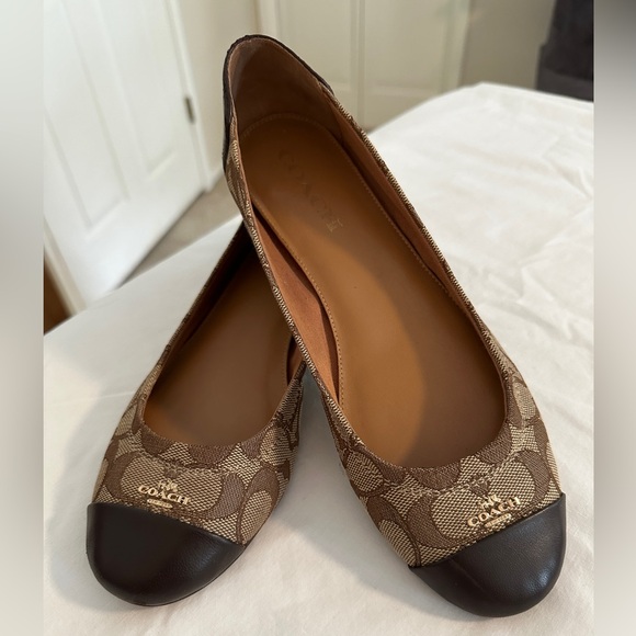 Coach Shoes - Coach Brown Signature Canvas and Dark Brown Toe Cap Flats